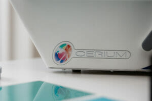 
Close up shot of the Cerium logo on coloured overlay assessment machine